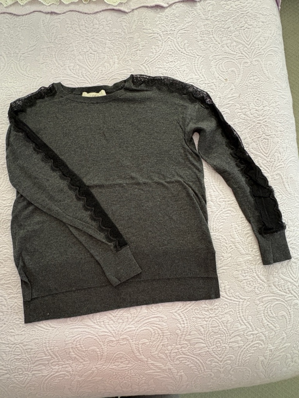 LOFT Charcoal Gray Crewneck Sweater with Black Lace Trim